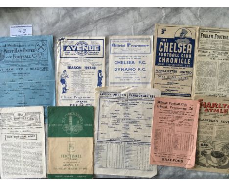 1940s Football Programmes: Includes Chelsea home v 45/46 Moscow Dynamo, 47/48 Manchester United, away 46/47 Arsenal FA Cup re