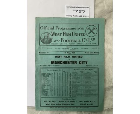 38/39 West Ham v Manchester City Football Programme: Division Two match in very good condition with no team changes.