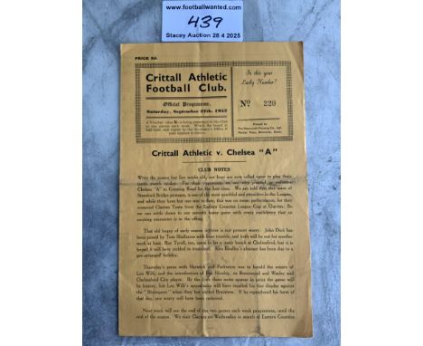 52/53 Crittall Athletic v Chelsea A Football Programme: Very good condition Eastern Counties League programme with team chang
