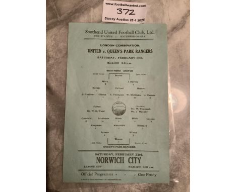 45/46 Southend United v QPR Reserves Football Programme: Single sheet London Combination match in good condition with no team