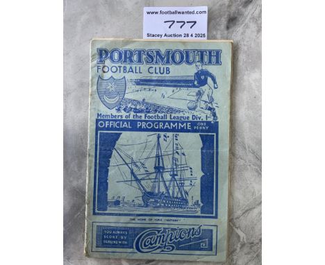 38/39 Portsmouth v West Ham FA Cup Football Programme: From Pompeys cup winning run. Rusty staples making centre page loose. 