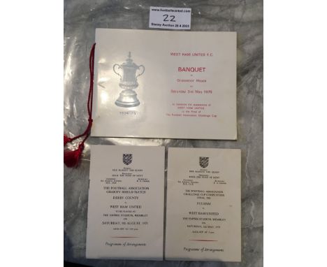 1975 West Ham Football Players Menus: Programme of Arrangements for the FA Cup final and the Charity Shield both played at We