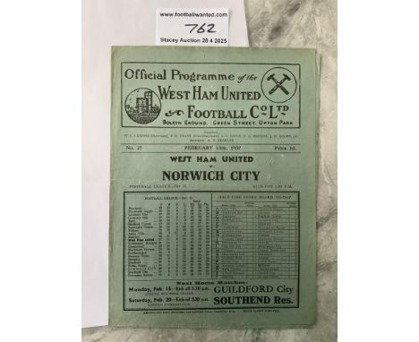 36/37 West Ham v Norwich City Football Programme: Division Two match in very good condition with no team changes.