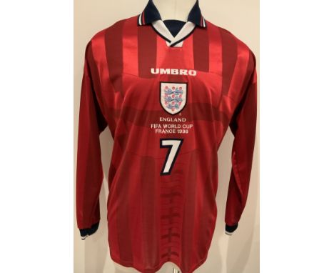 David Beckham 1998 World Cup Tournament Issued Football Shirt: Red long sleeve Umbro shirt with number 7 Beckham to rear. Fro