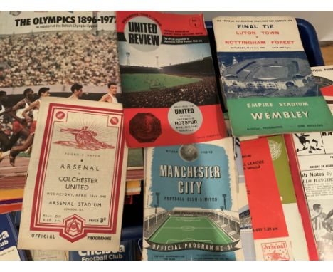 Football Programme + Memorabilia Box: Over 30 Chelsea aways mainly from the 60s and a wad of more modern homes. Goal + Charle