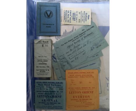 Leyton Orient 1940s + 1950s Football Memorabilia Folder: Must view to includes 51/52 home FA Cup tickets v Everton Arsenal an