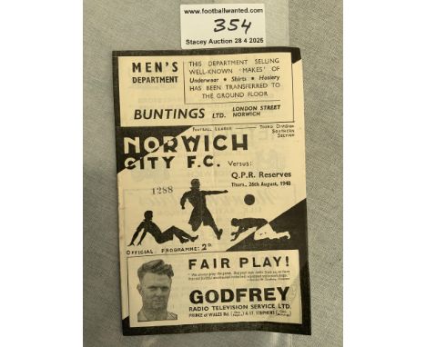 48/49 Norwich City v QPR Reserves Football Programme: Very good condition with score to team page. Football Combination.