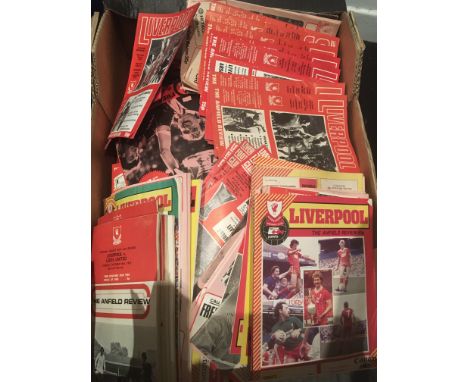 Liverpool Home Football Programmes: Large quantity from the glory years of the 70s and 80s in very good condition. (box)
