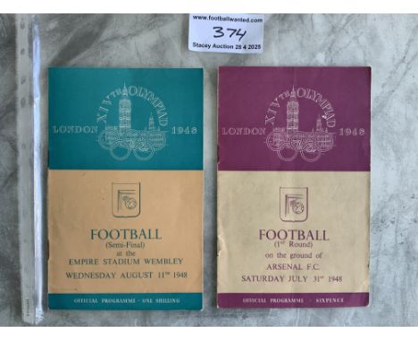 1948 Olympics Football Programmes: Great Britain v Holland at Arsenal with teams filled in and semi final at Wembley between 