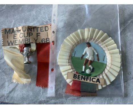 1968 European Cup Final Football Rosettes: Rare Manchester United rosettes with plastic cup hanging from red and white ribbon