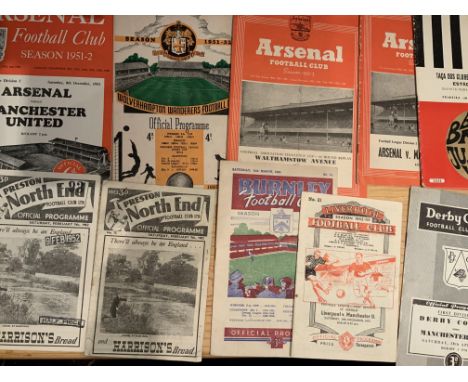 Manchester United Away Football Programmes: 51/52 Preston x 2, Arsenal, Wolves, 52/53 Walthamstow at Arsenal, Burnley, Liverp
