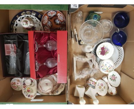 A mixed collection of items to include Aynsley lidded pot, cased Crystal Glasses, soft stone elephant figure, vases, plates e