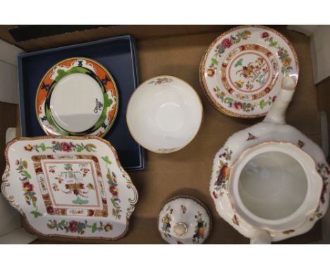 A mixed collection of items to include Spode Rockingham teapot, reproduction Spode 1800-1820 cake plate, sugar bowl and four 