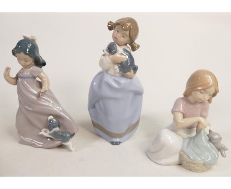 Three Nao Pottery Figures of Young Girls with Puppies &amp; Kittens, tallest 19cm(3) 