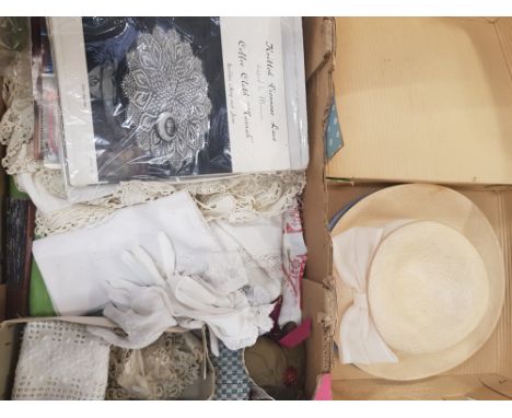 A mixed collection of Vintage Textiles including a boxed summer hat, laced gloves, fabrics, linens and knitting patterns etc 