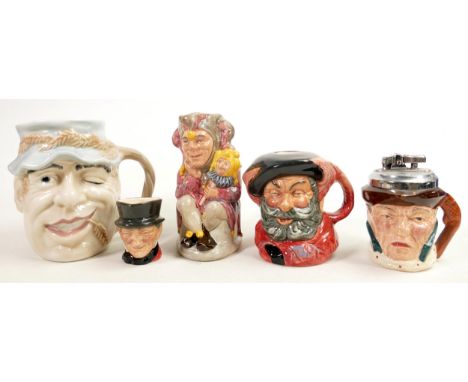 Royal Doulton Jugs to include small Falstaff Decanter, Limited Edition Jester Toby Jug, Miniature Character Jug John Peel, In