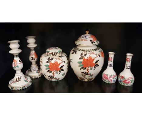 A collection of James Kent 'Old Foley' Eastern Glory patterned items to include temple jar, ginger jar and a pair of candlest