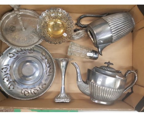 A mixed collection of metal ware items to include Victorian silver plated teapot and hot water pot, small silver plated pierc