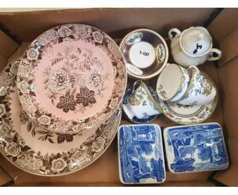 A mixed collection of Spode ceramic items to include Reproduction Platters, cups and saucers, butter dish lids etc (1 tray) 