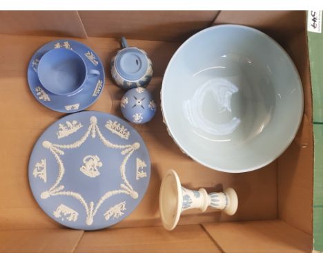 A collection of Wedgwood blue jasper ware to include Tea cup and saucer and wall plate together with large Queens ware fruit 