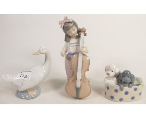 Three Nao Pottery Figures of Girl with Cello, Puppies in a Basket &amp; Goose, tallest 18cm(3) 