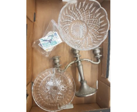 A mixed collection of items to include large Stuart Crystal fruit bowl, glass cake stand, white metal candelabra and a small 