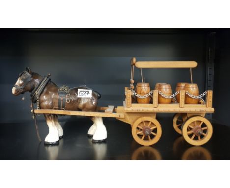 Melba style ceramic Shire Horse with beer dray in tow 