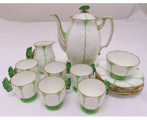 Aynsley coffee set with butterfly handles to include coffee pot, milk jug, sugar bowl, six cups and saucers (14)