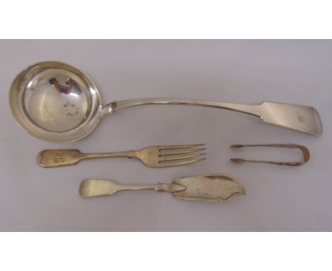 A Victorian Scottish silver fiddle pattern soup ladle, Glasgow 1851, a Scottish silver butter knife, a pair of tongs, and a s