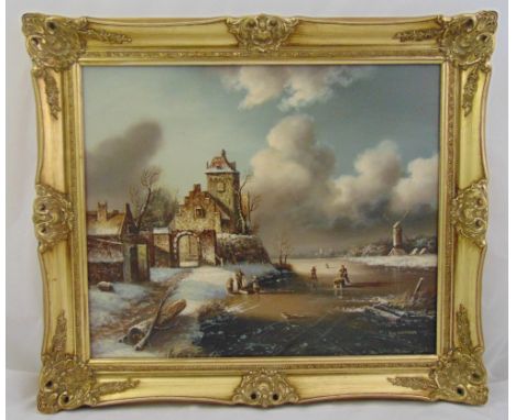R Seltzer framed oil on canvas of a Dutch winter landscape, signed bottom right, 50.5 x 61cm