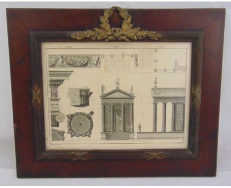 A 19th century monochromatic French architectural print in wooden frame with gilt metal mounts in the French Empire style, fr