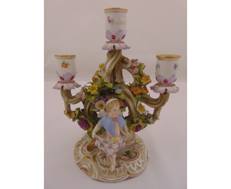 Meissen 19th century three light candelabrum decorated with children to both sides, flowers and leaves, marks to the base inc