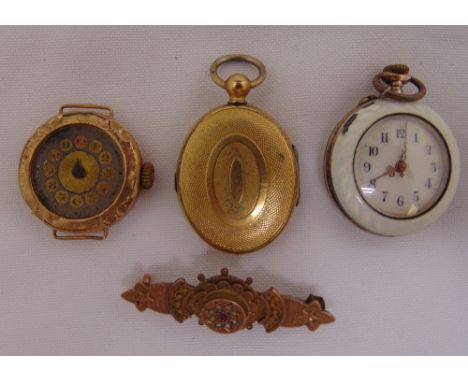 A 9ct and enamel ladies pocket watch, a 9ct gold wristwatch A/F, a locket and a brooch (4)