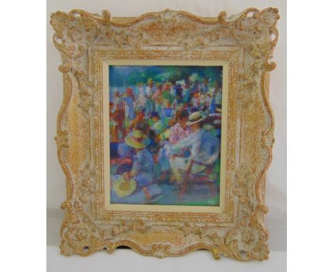 A framed and glazed oil and pastel painting of a crowd scene, monogrammed MR bottom right in the style of Mark Rowbotham, 31.