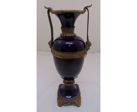 A late 19th century French blue glazed ceramic vase of classical form with gilded metal mounts on raised square base, 54cm (h