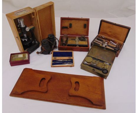 A quantity of Victorian and 20th century scientific instruments to include a microscope, a balance and a pair of opera glasse