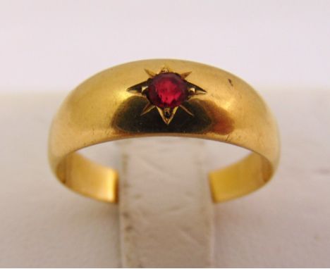 Gold and ruby gypsy set ring, tested 18ct, approx total weight 3.2g