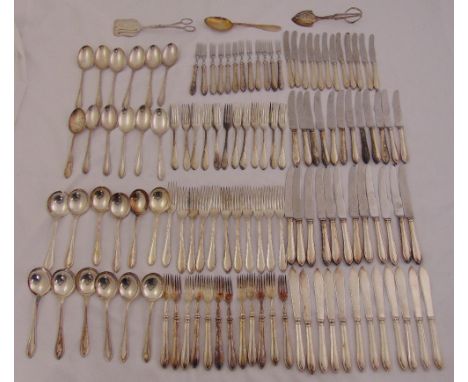 A quantity of silver plated flatware for twelve place settings to include soup spoons and fruit eaters