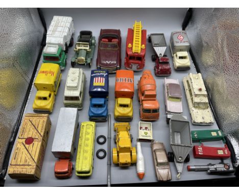 Box of Vintage die-cast cars to include Dinky Bedford garbage truck.