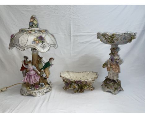 German Handpainted Lamp,19th Century meissen style tazza and bowl.with ornate applied floral decoration.