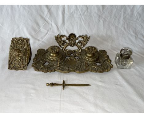 19th Century Brass Inkwell Stand Set with letter opener and ink blotter