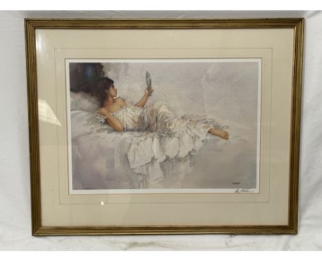 Ersturgeon signed print of woman on bed with hand mirror 51 x 36cm

