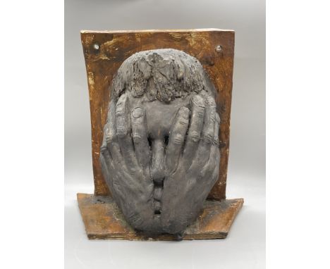 Mark Pope Ceramic Art wall hanging of head in in hands