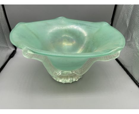 Green art glass bowl signed to the base 15cm x 28cm.