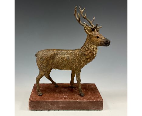 A Continental cold-painted figural sculpture, of an elk stag, in the manner of Franz Xaver Bergmann, rectangular base, 17cm h