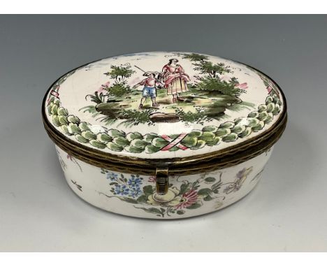 A George III South Staffordshire enamel table snuff box, hinged cover painted with a mother and daughter in a rural landscape
