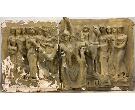 Lawrence Bradshaw (British 1899-1978) A large monumental wall section / plaster plaque, cast with a depiction of Athene and h