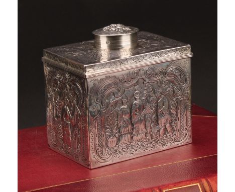 A George III silver rectangular tea caddy, chased overall in the chinoiserie taste with Chinese figures within Rococo borders