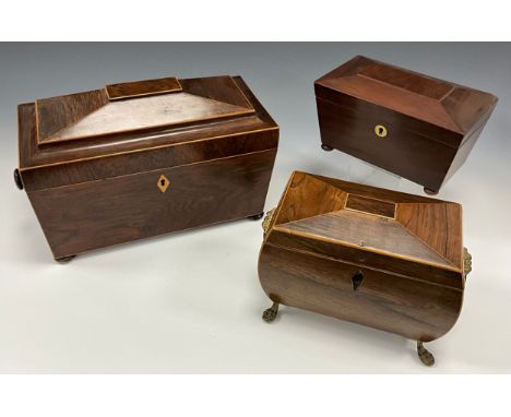 A 19th century rosewood Sarcophagus form tea caddy, hinged lid, two section fitted interior, lion mask ring handles, paw feet