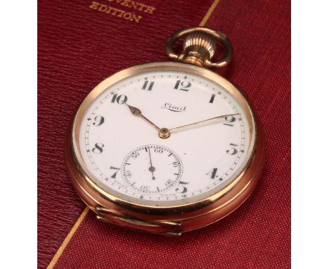 A 9ct gold Limit open face pocket watch, white enamel dial, Arabic numerals, subsidiary seconds, Swiss stem wind movement, 47